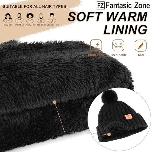 FZ FANTASTIC ZONE Winter Beanie Hats for Women Fleece Lined Knit Pompom Hat - color: Black