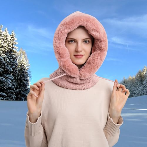 HUAMULAN Women Cable Knit Balaclavas Winter Fleece Lined Beanie Hat - color: Pink