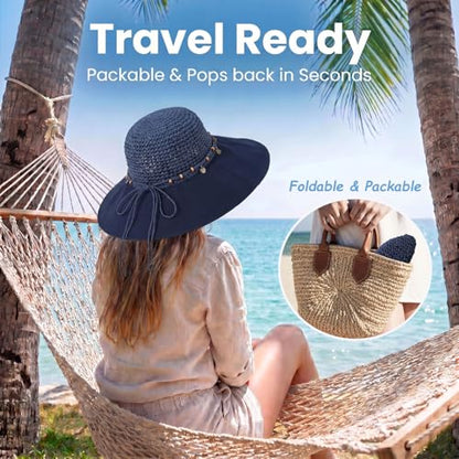 Women’s Packable Sun Hat, Wide Brim Foldable Beach Hat, UPF 50+ UV Protection Travel Summer Hat with Adjustable Fit - color: Blue