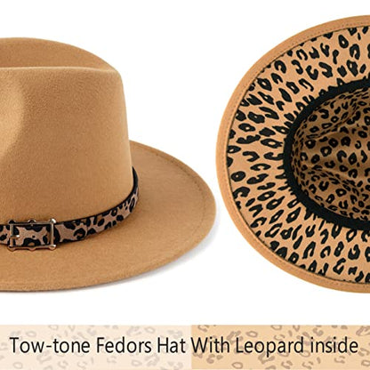 Women's Wide Brim Felt Fedora Panama Hat with Leopard - color: Y-camel & Leopard