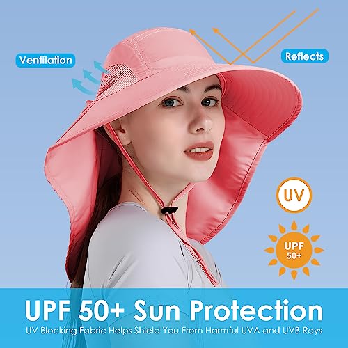 Womens Sun Hat UV Protection, Foldable Waterproof Wide Brim Bucket Hats with Neck Flap for Summer Beach Fishing Hiking - color: Rose
