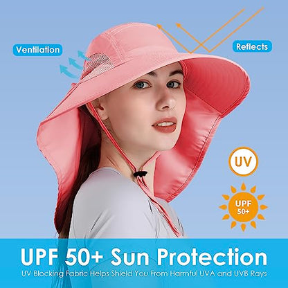 Womens Sun Hat UV Protection, Foldable Waterproof Wide Brim Bucket Hats with Neck Flap for Summer Beach Fishing Hiking - color: Rose
