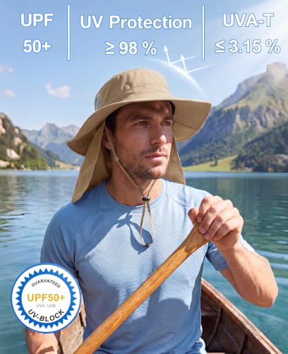 Home Prefer UPF 50+ Wide Brim Sun Hats with Neck Flap Sun Protection Hat for Men Women Gardening Fishing Summer Bucket Hat - color: Khaki