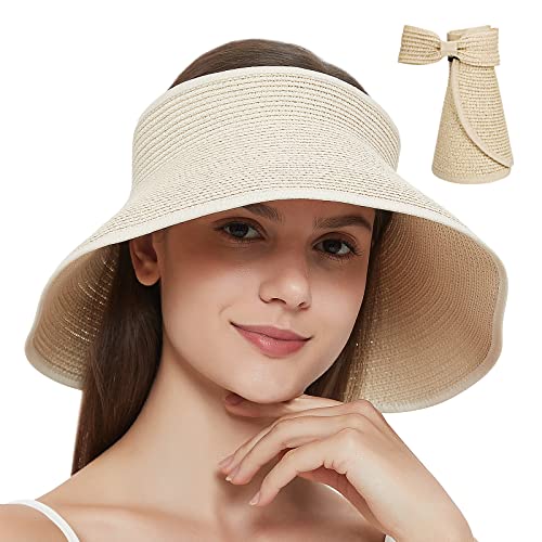 MAYLISACC Foldable Straw Sun Visors for Women, Sun Protecetion Wide Brim Sun Hats Adjustable Topless Beach Hat - color: Beige (1 Pcs)