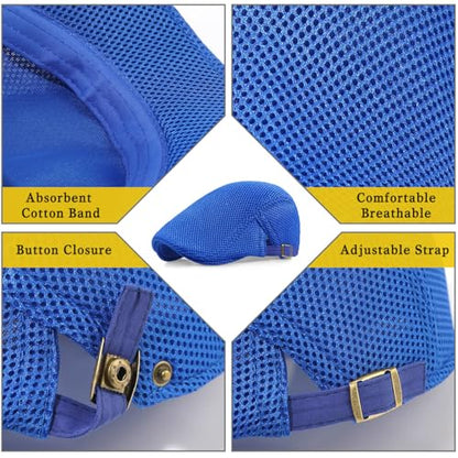 Xinveen Men's Mesh Cap Breathable Summer Newsboy Hat Adjustable Beret Ivy Cap Irish Cabbie Driving Hunting Hats - color: Royal Blue