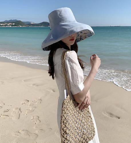 Women Bohemian Reversible Sun Hat Wide Brim Fishing Hats - color: Blue Boho Print