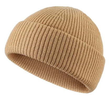 Connectyle Short Fisherman Beanie for Men Women Warm Winter Hats Knit Cuffed Beanies Skull Cap Acrylic Watch Hat - color: Khaki