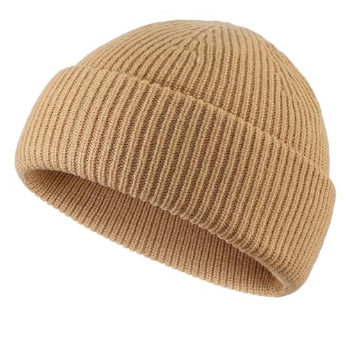 Connectyle Short Fisherman Beanie for Men Women Warm Winter Hats Knit Cuffed Beanies Skull Cap Acrylic Watch Hat - color: Khaki