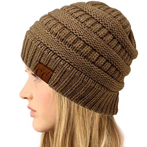 CC Classic Winter Fall Trendy Chunky Stretchy Cable Knit Beanie Hat - color: Snuggly Soft Taupe Mix