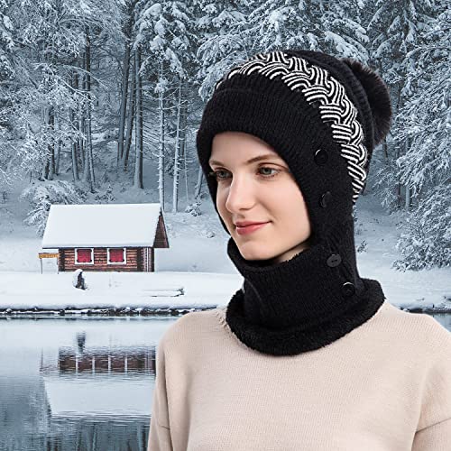 HUAMULAN Women Winter Knit Balaclava Fleece Lined Hooded Beanie Hats - color: Black, size: One Size