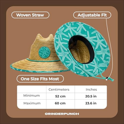 grinderPUNCH Straw Sun Hat for Men Women Wide Brim Beach Fishing UPF 50 - color: Teal Starfish