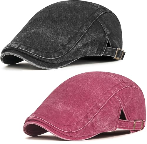 Initlove Mens Newsboy Cap Washed Beret Ivy Hat Flat Hats for Cabbie Driving - color: Black + Wine Red