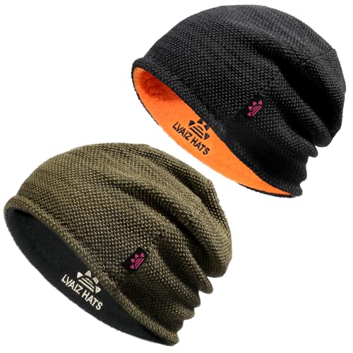 2 Pack Fleece Lined Beanie Hat Reversible Knit Skull Cap for Men Women - color: Black+khaki