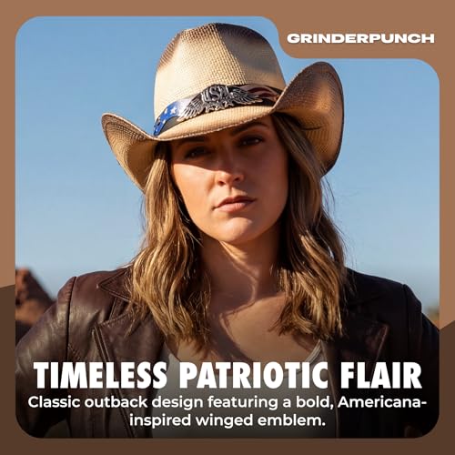 grinderPUNCH Straw Cowboy Hat for Men Women Western Cowgirl Outback Sun Hat - color: White