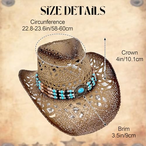 Carnavalife Straw Cowboy Hat for Women and Men, Western Cowgirl Hat with Turquoise Beaded Band for Rodeos and Festivals - color: Shaded Brown, size: 7 1/4