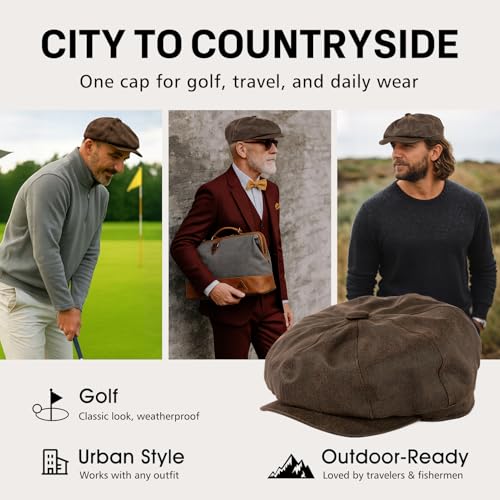 TOP-EX Waterproof 8-Panel Faux Leather Newsboy Flat Cap for Men, Adjustable - color: Coffee (Waterproof Faux Leather), size: 3X-Large