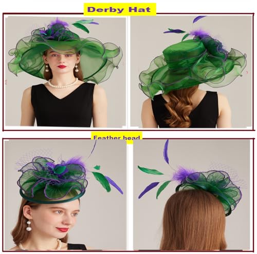 Women Derby Church Hat Organza Flower Wedding Tea Party Fascinator Wide Brim Sun Hat - color: 11-dark Green