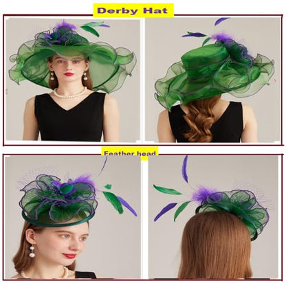 Women Derby Church Hat Organza Flower Wedding Tea Party Fascinator Wide Brim Sun Hat - color: 11-dark Green