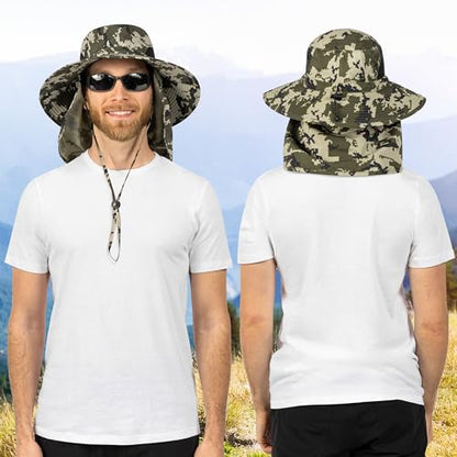 SUN CUBE Wide Brim Sun Hat for Men & Women, UPF 50+ UV Protection, Mesh Boonie Hat with Chin Strap, Fishing Hiking Hat - color: Camo Green With Flap