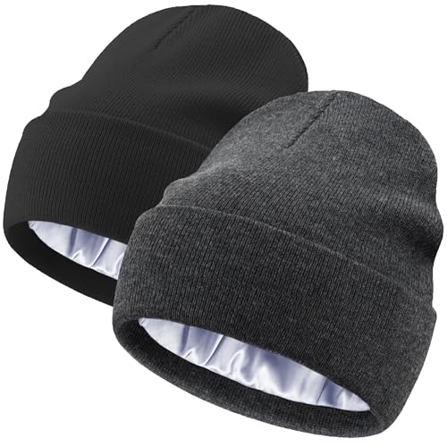 Satin Lined Knit Beanie Hat-100% Cotton Winter Hats for Women Men - color: 2pcs-black+charcoal Grey