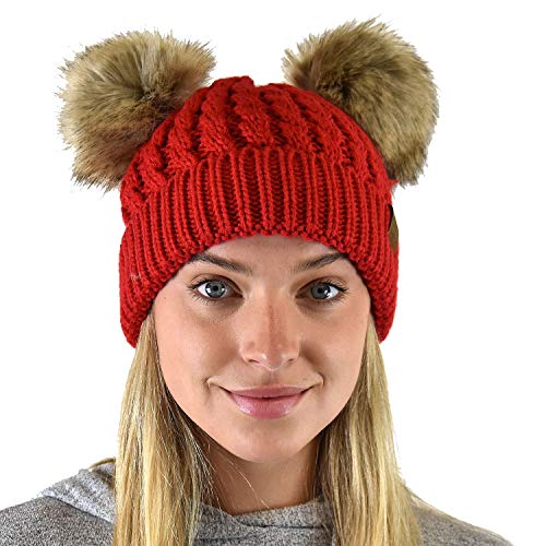 C.C 2 Ear Pom Pom Cable Knit Soft Stretch Cuff Skully Beanie Hat - color: Faux Fur Red