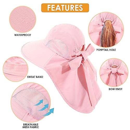 Womens Sun Hat UV Protection, Foldable Waterproof Wide Brim Bucket Hats with Neck Flap for Summer Beach Fishing Hiking - color: Pink