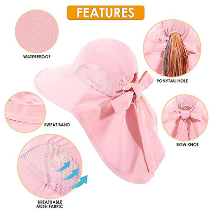Womens Sun Hat UV Protection, Foldable Waterproof Wide Brim Bucket Hats with Neck Flap for Summer Beach Fishing Hiking - color: Pink