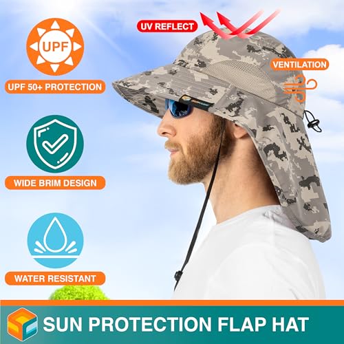 SUN CUBE Wide Brim Sun Hat with Neck Flap for Men Women, UPF50+ Fishing - color: Gray Camo