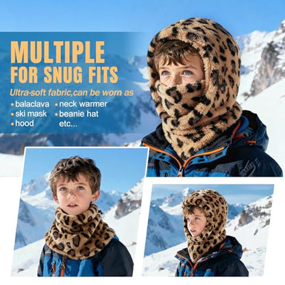 Ski Mask Kids Balaclava, Winter Ski Face Mask Cover, Fleece Hats for Kids - color: Leopard