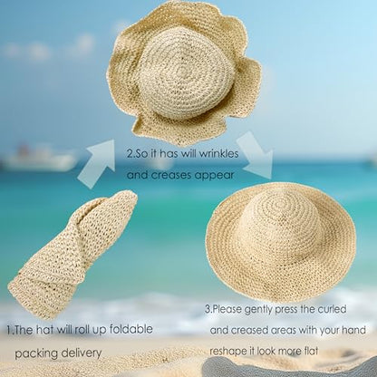 Womens Beach Sun Straw Hat Summer Floppy Wide Brim Foldable Packable - color: Aa Pink