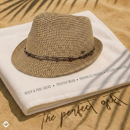 Funky Junque Short Brim Fedora Packable Sun Hat for Women - color: Brown Multi W/ Beaded Ropes