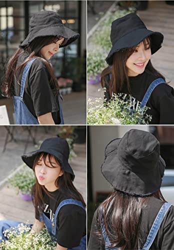 Bucket-Hat-Distressed Sun-Protection Washed-Cotton Beach-Sun-Hat - Summer-Wide-Brim(3.2inch Brim) Beach-Cap(Size:S-M) - color: Black
