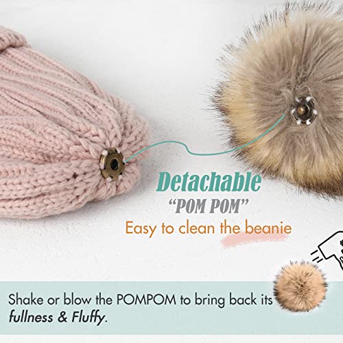 FURTALK Womens Winter Beanie Hat Satin Lined Faux Fur Pom Pom Beanies Hat for Women Winter Warm Knit Hats - color: Pink
