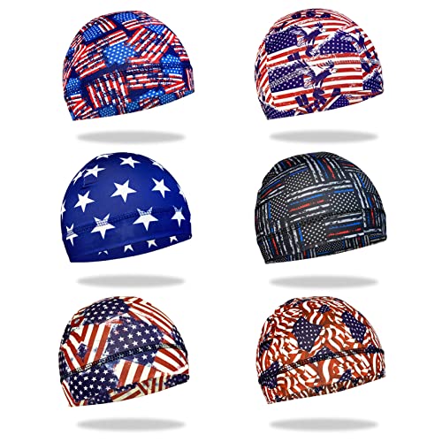 6 Pcs Skull Cap Sweat Wicking Helmet Liner Breathable Cycling Beanie Running Sports Hat Cooling Head Wraps for Men - color: Us Flag Pack