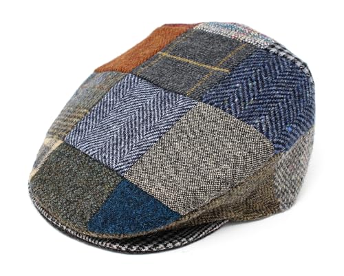 Hanna Hats Traditional Irish Tweed Wool Vintage Cap. Unisex Cabbie Hat. Stud Fastener & Taffeta Lining. 100% Made in Ireland. - color: Multicolored Patchwork, size: X-Large