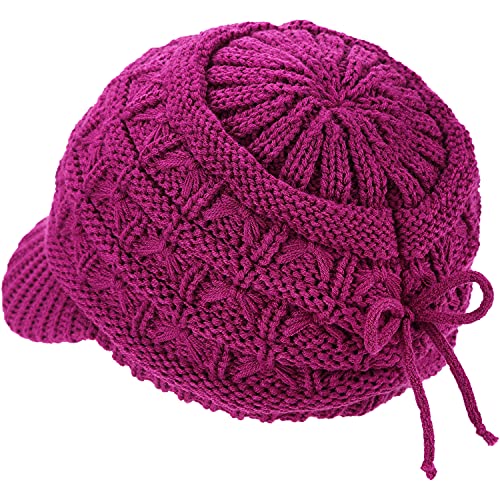 BYOS Womens Winter Chic Cable Warm Fleece Lined Crochet Knit Hat W/Visor Newsboy Cabbie Cap - color: Basket Woven-magenta Pink