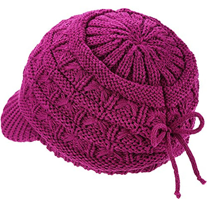 BYOS Womens Winter Chic Cable Warm Fleece Lined Crochet Knit Hat W/Visor Newsboy Cabbie Cap - color: Basket Woven-magenta Pink