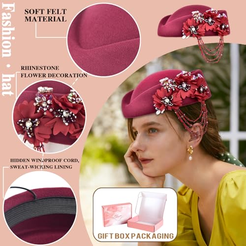 Women's Retro Stewardess Felt Hat, British Berets, Rhinestone Flower Decor, Ladies' Church Derby Hat - color: Tassel Style-wine Red
