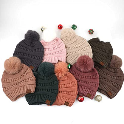 C.C Fur Pom Winter Fall Trendy Chunky Stretchy Cable Knit Beanie Hat - color: Snuggly Soft Dk. Gray
