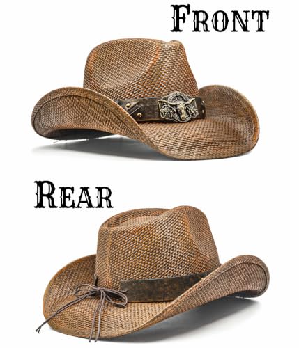 FLUFFY SENSE. Cowboy Hats for Women and Men - Distressed Straw Western Hat with Shapeable Brim for Cowboys and Cowgirls - color: Rustic Brown