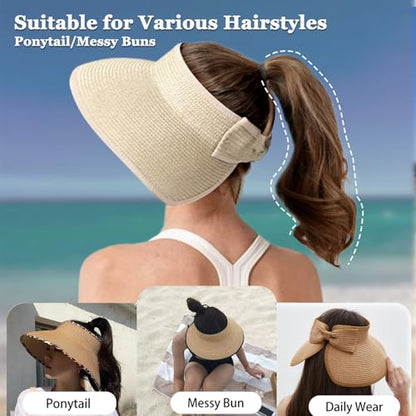 Women's Sun Visor Hats Wide Brim Straw Beach Hat Ponytail Hats for Women Foldable Floppy - color: 1pack-beige