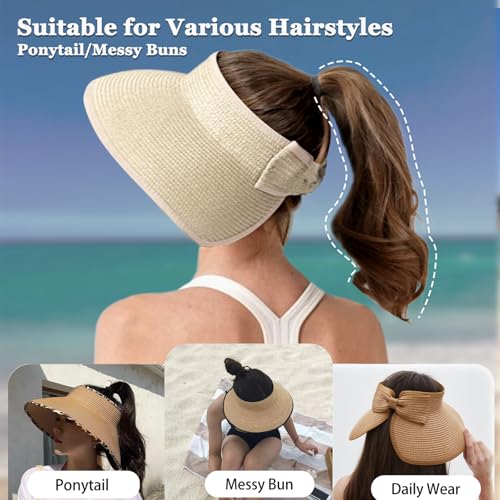 Women's Sun Visor Hats Wide Brim Straw Beach Hat Ponytail Hats for Women Foldable Floppy - color: 1pack-beige