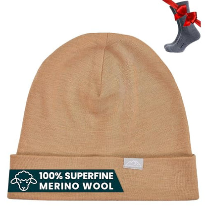 100% Merino Wool Beanie for Women, Men - Set Adult Skull Cap 17.5um & Socks - color: Camel, size: Large-X-Large