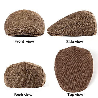 Herringbone Flat Ivy Newsboy Cap for Men 1920s Wool Blend Tweed Cabbie Hat - color: Filled Quilted Lining Brown, size: 7-7 1/4