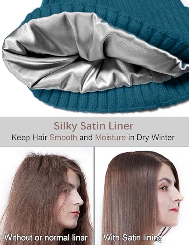 Satin Lined Wool Acrylic Blend Beanie Hat Women Men, Winter Knit Cap - color: Denim Blue