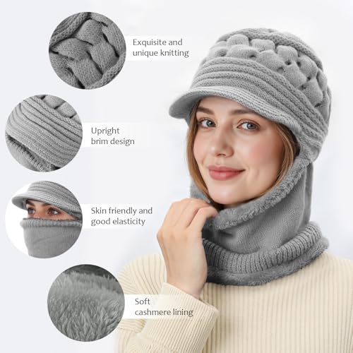 Womens Winter Beanie Hats, Winter Scarf Mask Set for Women - color: Grey