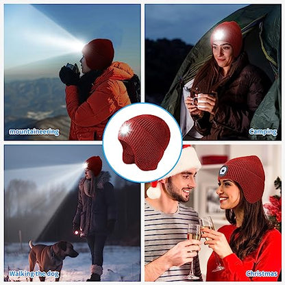 LED Beanie Hat with Light, USB Rechargeable LED Headlamp Hat, Unisex Winter Hat Warm Knitted Earflap Beanie with Night Flashlight (Red) - color: Red Adult