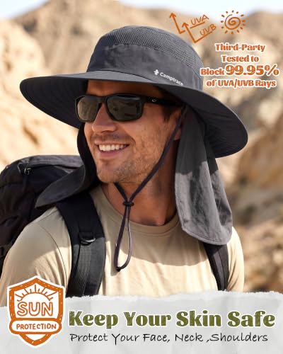 Camptrace Wide Brim Men Sun Hat with Neck Flap UPF Fishing Hiking Gardening - color: Dark Grey