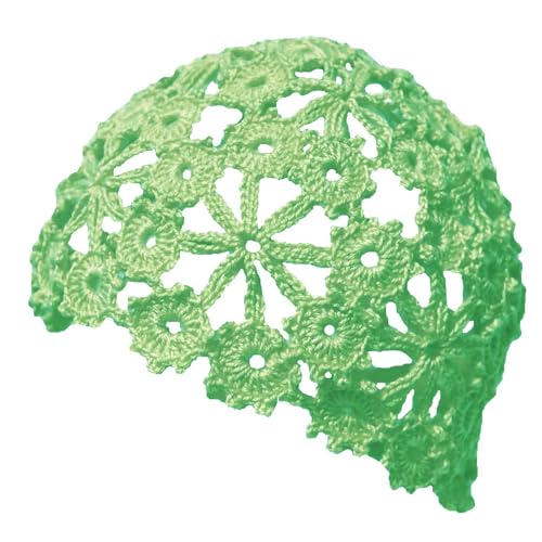 Women Lace Crochet Beanie Hat Handmade Knitted Cutout Floral Skull Cap - color: Apple Green