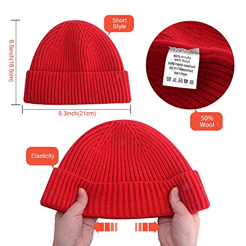 vidsel Wool Knit Cuff Short Fisherman Beanie for Men Women, Winter Warm Hat - color: Grey